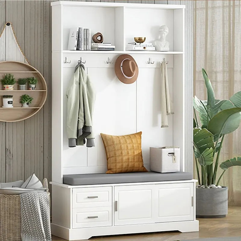 Hall Tree with Sliding Door Bench Cushion Silver Handle Storage Cabinet
