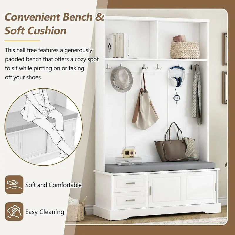 Porte-manteau avec banc à porte coulissante, coussin, poignée argentée, et armoire de rangement