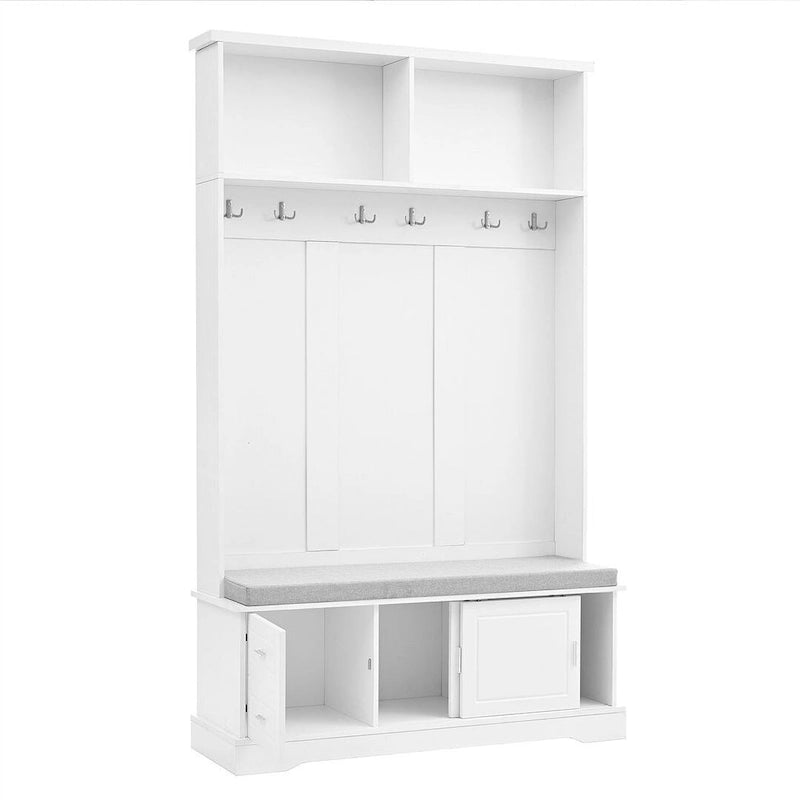 Porte-manteau avec banc à porte coulissante, coussin, poignée argentée, et armoire de rangement