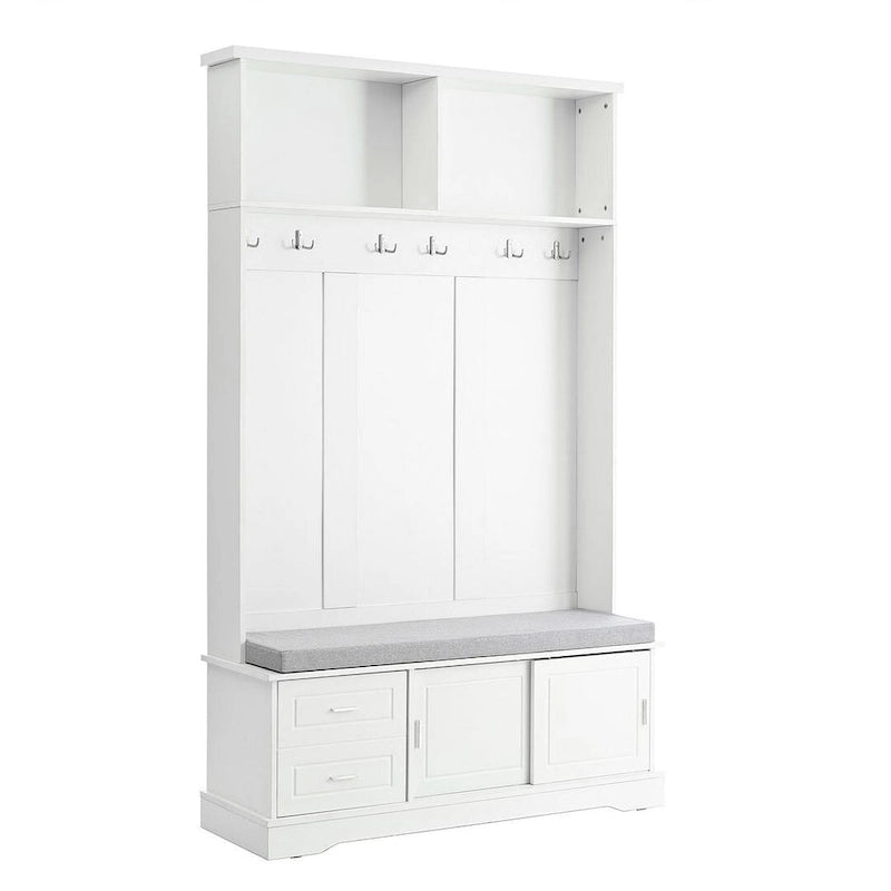 Porte-manteau avec banc à porte coulissante, coussin, poignée argentée, et armoire de rangement