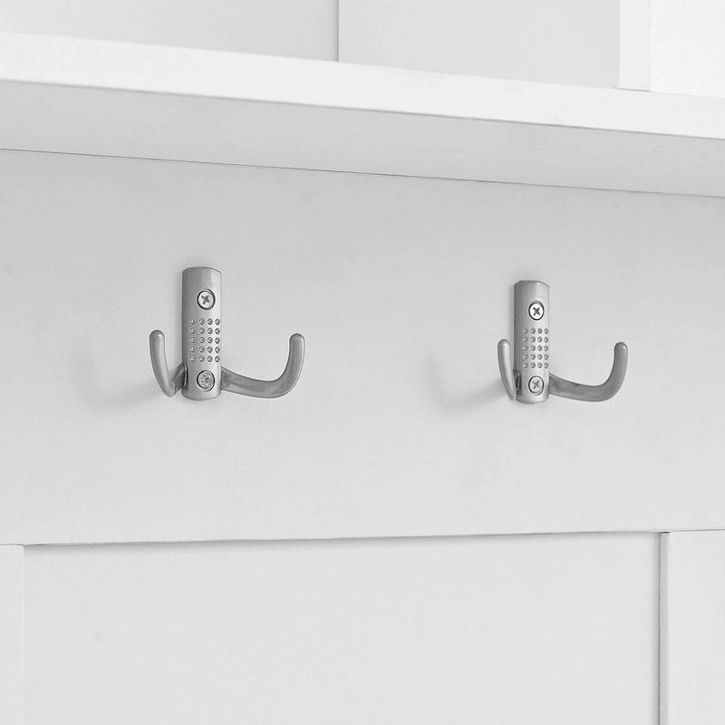 Porte-manteau avec banc à porte coulissante, coussin, poignée argentée, et armoire de rangement