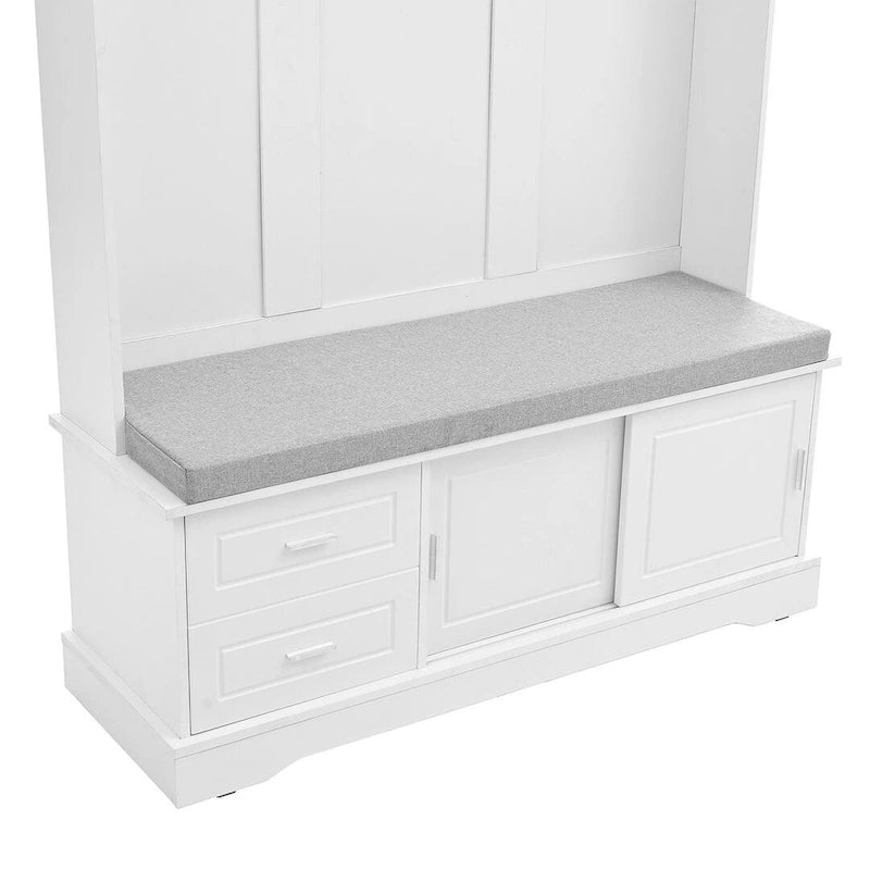 Porte-manteau avec banc à porte coulissante, coussin, poignée argentée, et armoire de rangement