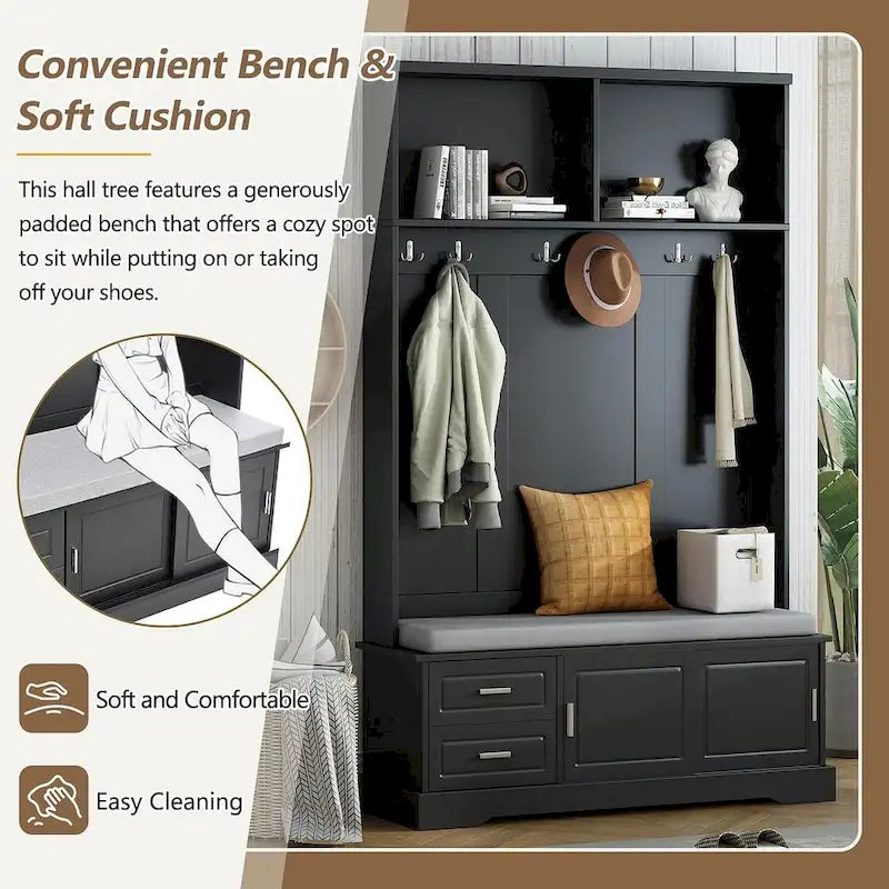 Porte-manteau avec banc à porte coulissante, coussin, poignée argentée, et armoire de rangement