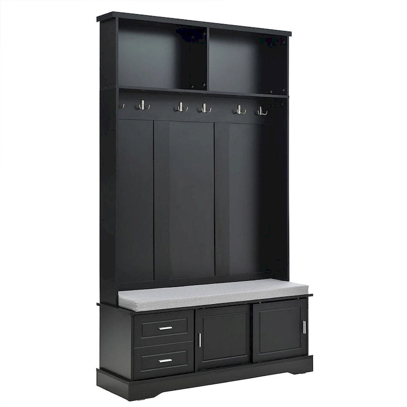 Porte-manteau avec banc à porte coulissante, coussin, poignée argentée, et armoire de rangement