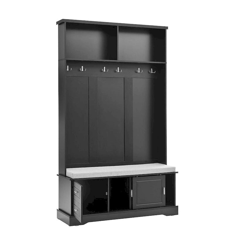 Porte-manteau avec banc à porte coulissante, coussin, poignée argentée, et armoire de rangement
