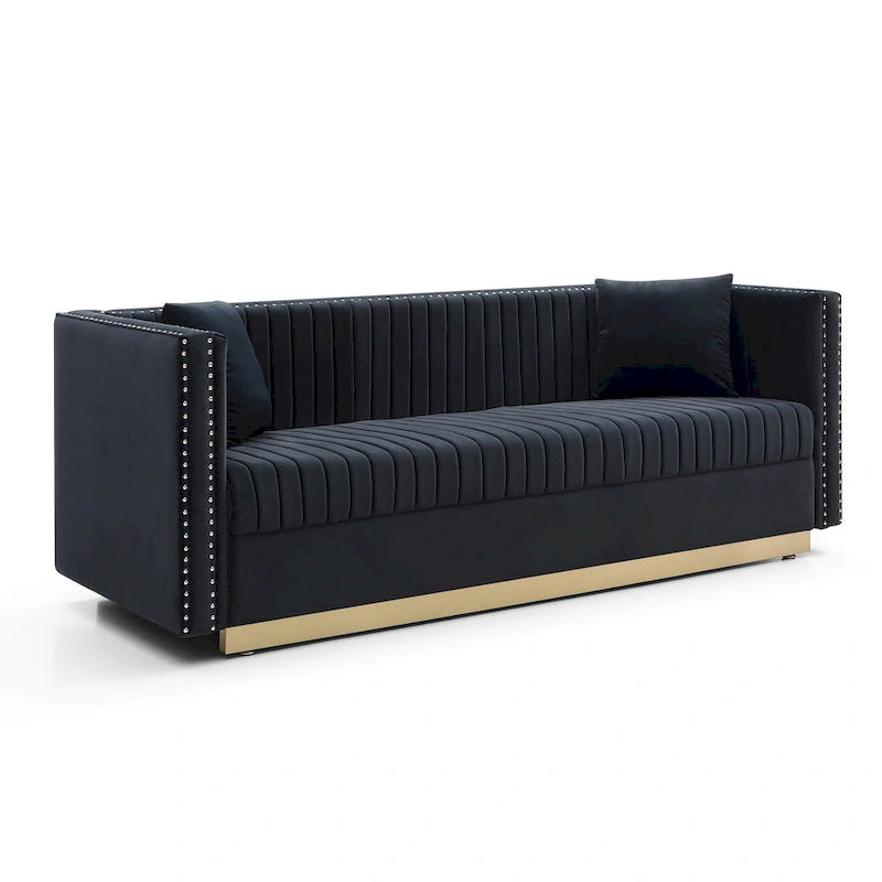 Canapé contemporain en velours capitonné à canal vertical, canapé rembourré moderne pour salon appartement avec 2 oreillers