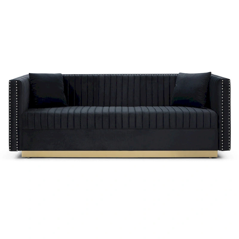 Canapé contemporain en velours capitonné à canal vertical, canapé rembourré moderne pour salon appartement avec 2 oreillers