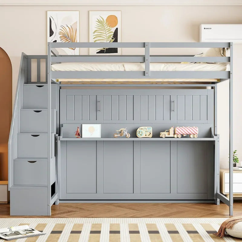 Full Over Full Size Murphy Bed with Hydraulic Lift & Desk Design