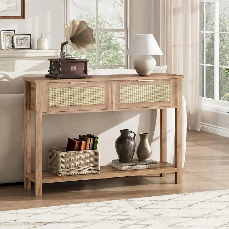 Console d'entrée, Console avec 2 tiroirs en rotin, Console en bois avec rangement