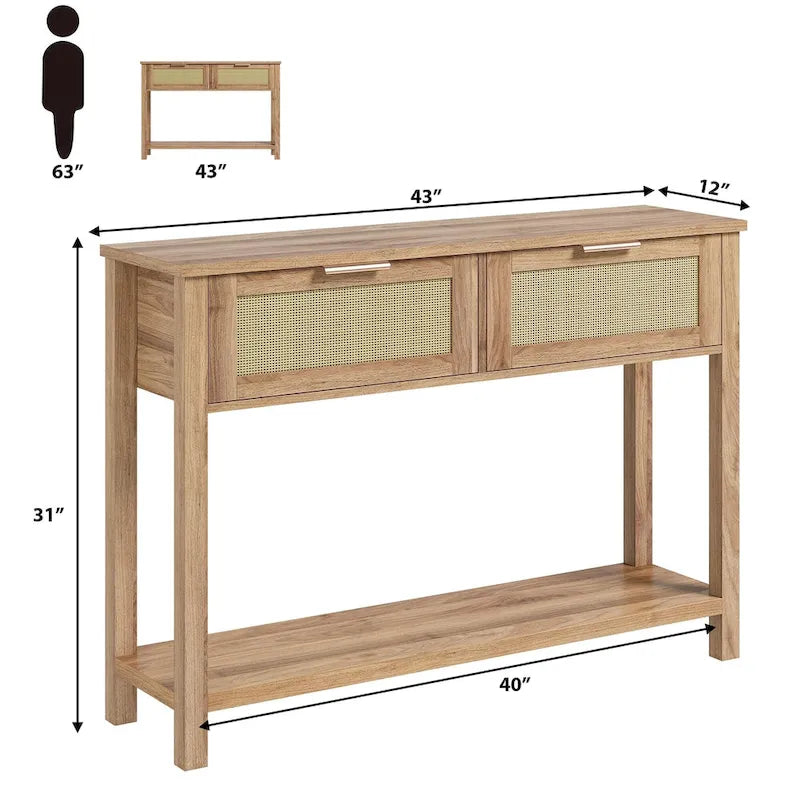 Console d'entrée, Console avec 2 tiroirs en rotin, Console en bois avec rangement