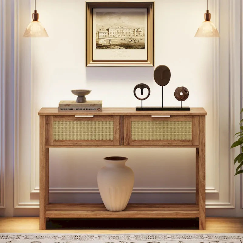 Console d'entrée, Console avec 2 tiroirs en rotin, Console en bois avec rangement