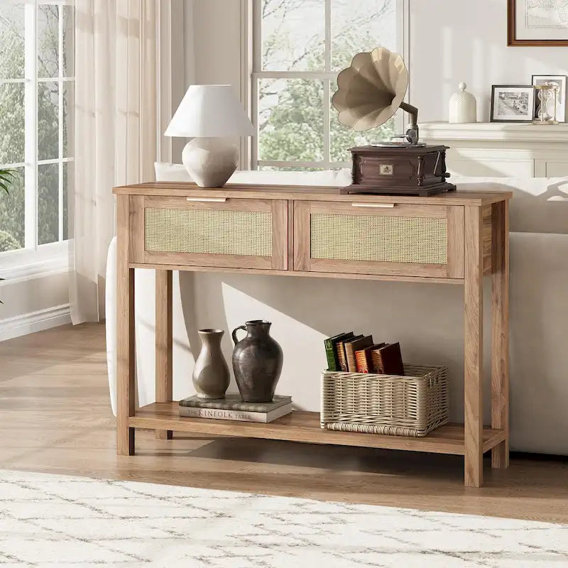 Console d'entrée, Console avec 2 tiroirs en rotin, Console en bois avec rangement