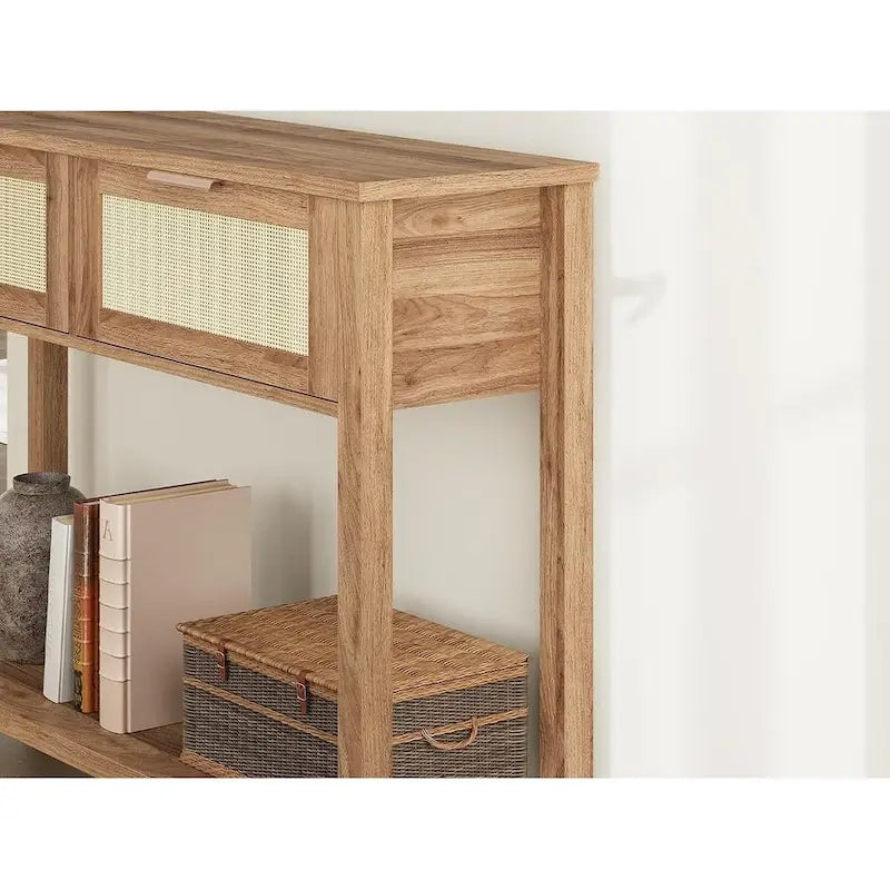 Console d'entrée, Console avec 2 tiroirs en rotin, Console en bois avec rangement