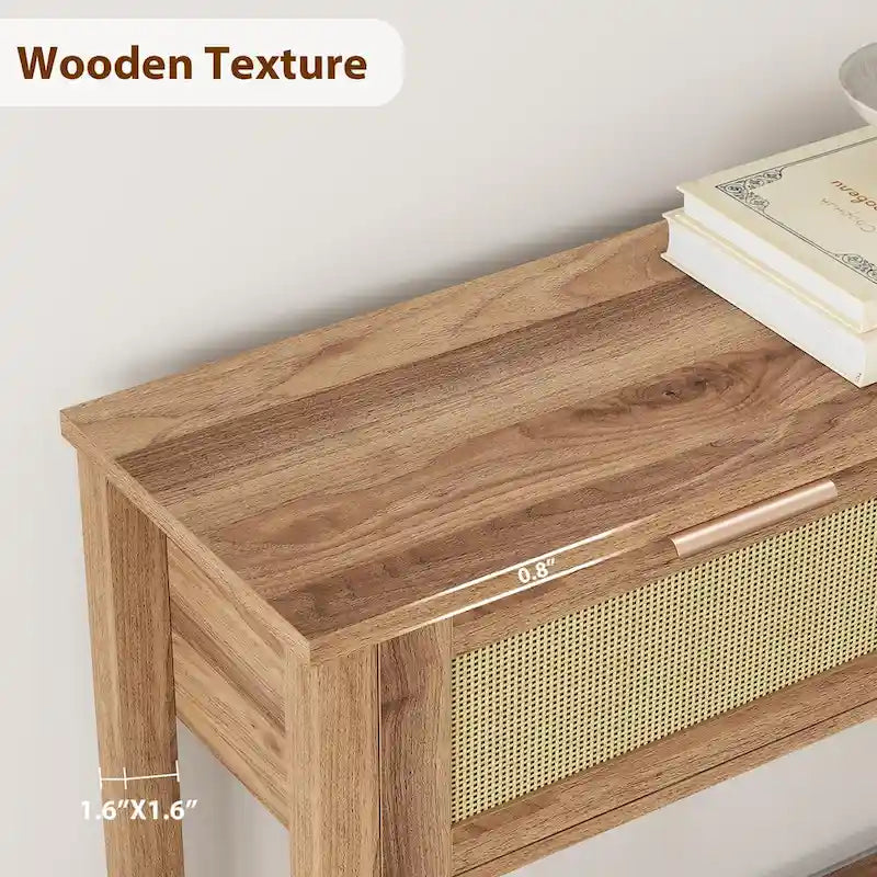 Console d'entrée, Console avec 2 tiroirs en rotin, Console en bois avec rangement