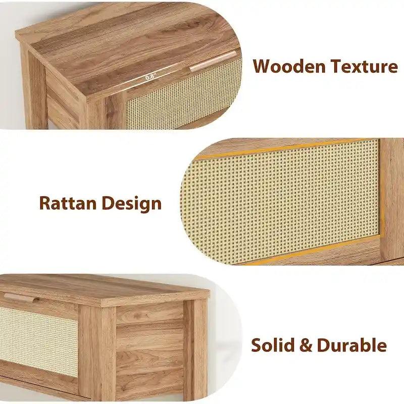Console d'entrée, Console avec 2 tiroirs en rotin, Console en bois avec rangement