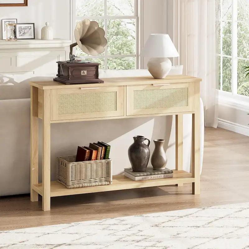 Console d'entrée, Console avec 2 tiroirs en rotin, Console en bois avec rangement