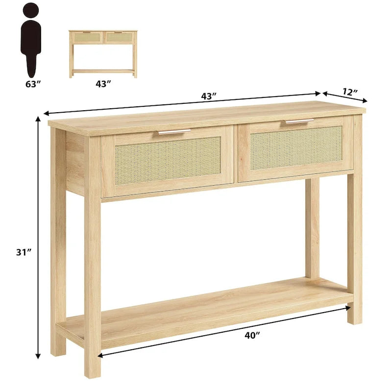 Console d'entrée, Console avec 2 tiroirs en rotin, Console en bois avec rangement