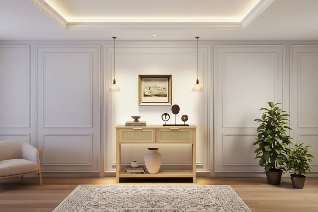 Console d'entrée, Console avec 2 tiroirs en rotin, Console en bois avec rangement