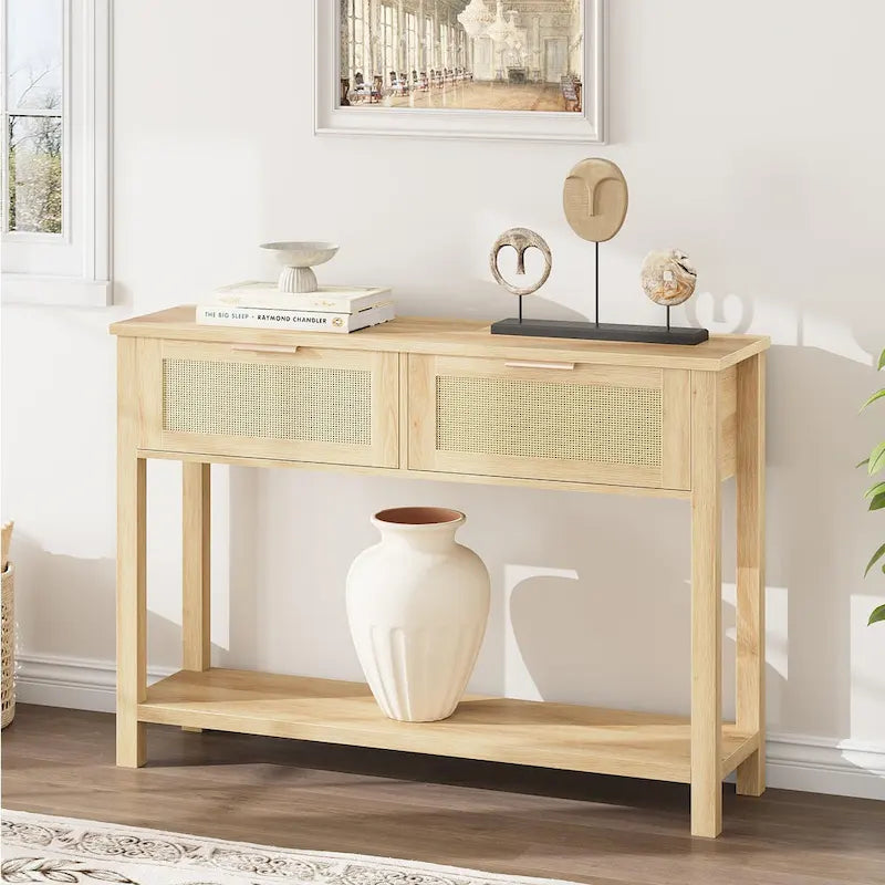 Console d'entrée, Console avec 2 tiroirs en rotin, Console en bois avec rangement