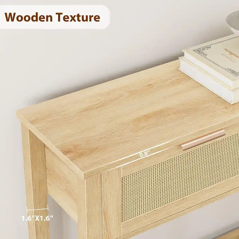 Console d'entrée, Console avec 2 tiroirs en rotin, Console en bois avec rangement