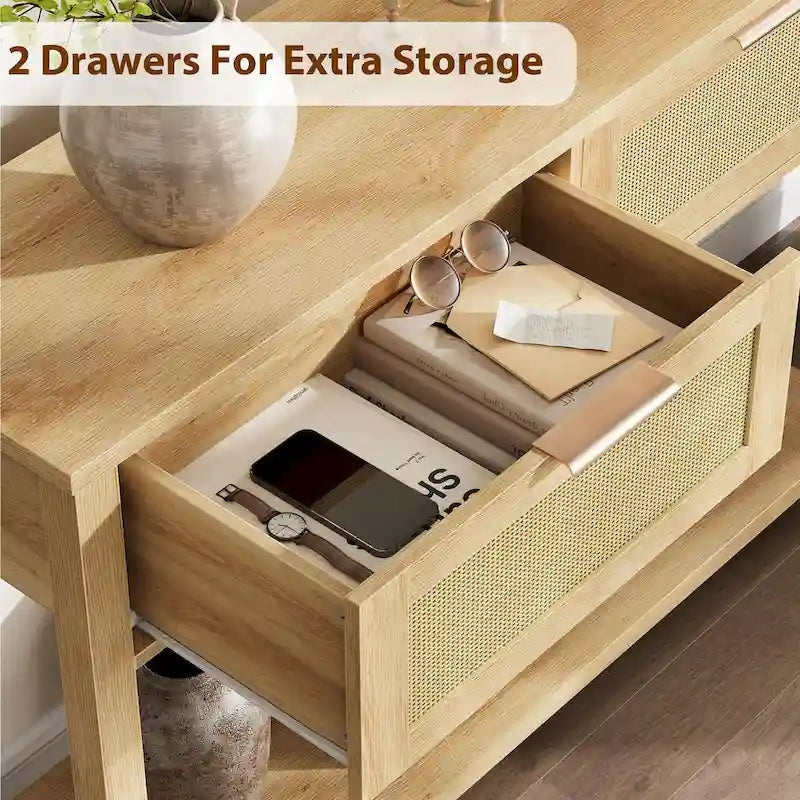 Console d'entrée, Console avec 2 tiroirs en rotin, Console en bois avec rangement