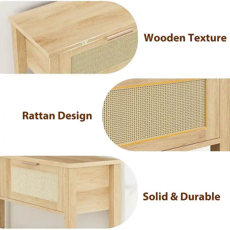 Console d'entrée, Console avec 2 tiroirs en rotin, Console en bois avec rangement