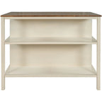 Îlot de cuisine rustique fixe en bois massif de 114 cm, table à manger et de préparation en bois d'hévéa avec deux étagères ouvertes.