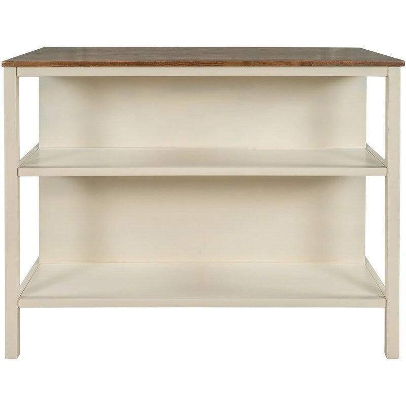 Îlot de cuisine rustique fixe en bois massif de 114 cm, table à manger et de préparation en bois d'hévéa avec deux étagères ouvertes.