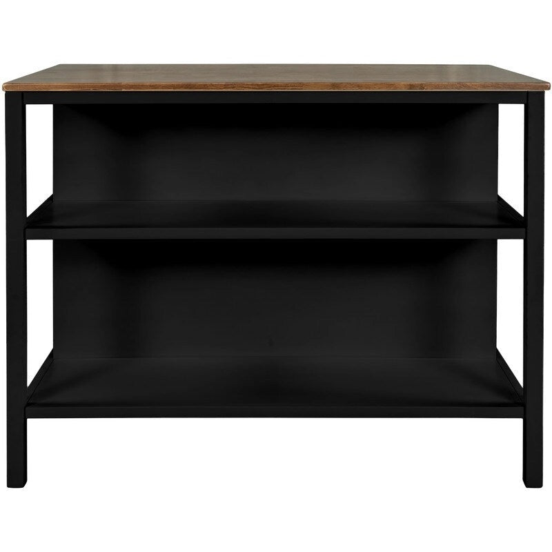 Îlot de cuisine rustique fixe en bois massif de 114 cm, table à manger et de préparation en bois d'hévéa avec deux étagères ouvertes.