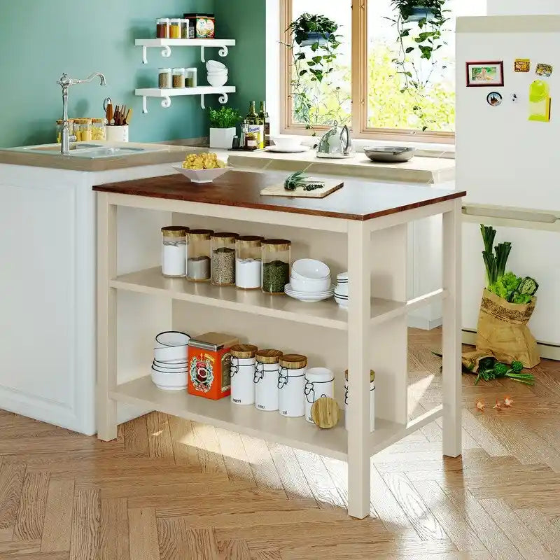 Îlot de cuisine rustique fixe en bois massif de 114 cm, table à manger et de préparation en bois d'hévéa avec deux étagères ouvertes.