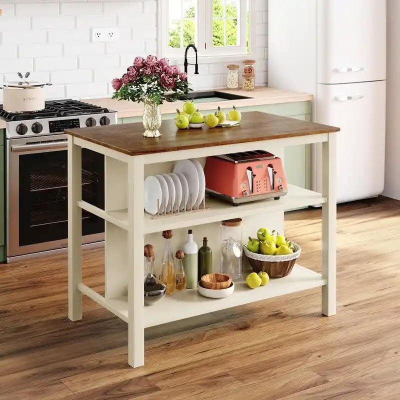Îlot de cuisine rustique fixe en bois massif de 114 cm, table à manger et de préparation en bois d'hévéa avec deux étagères ouvertes.