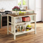 Îlot de cuisine rustique fixe en bois massif de 114 cm, table à manger et de préparation en bois d'hévéa avec deux étagères ouvertes.