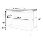 Îlot de cuisine rustique fixe en bois massif de 114 cm, table à manger et de préparation en bois d'hévéa avec deux étagères ouvertes.