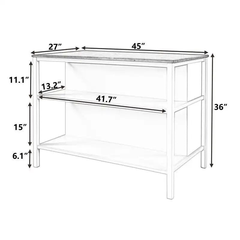 Îlot de cuisine rustique fixe en bois massif de 114 cm, table à manger et de préparation en bois d'hévéa avec deux étagères ouvertes.