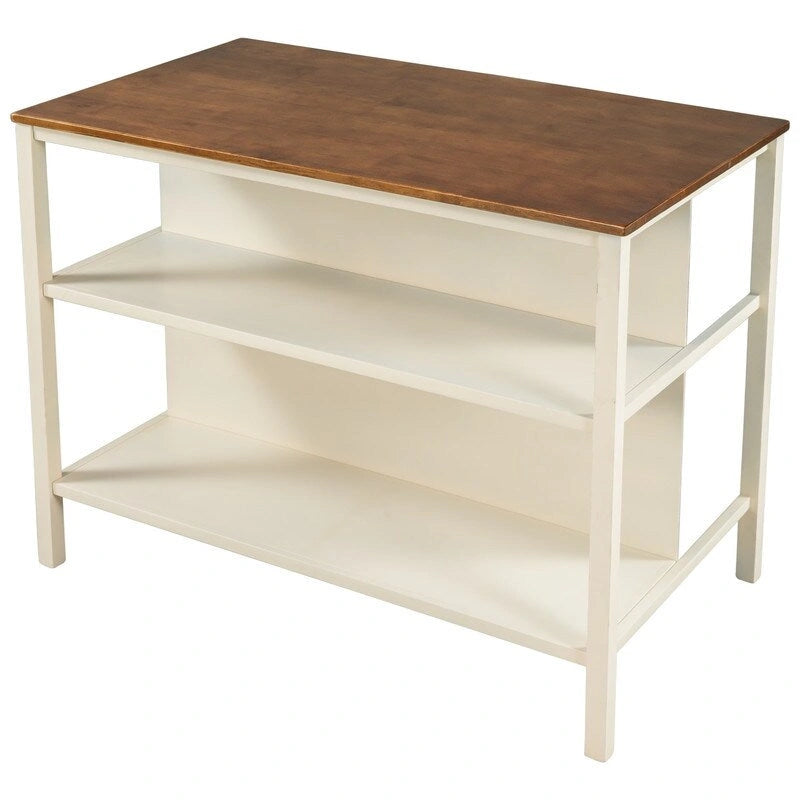 Îlot de cuisine rustique fixe en bois massif de 114 cm, table à manger et de préparation en bois d'hévéa avec deux étagères ouvertes.