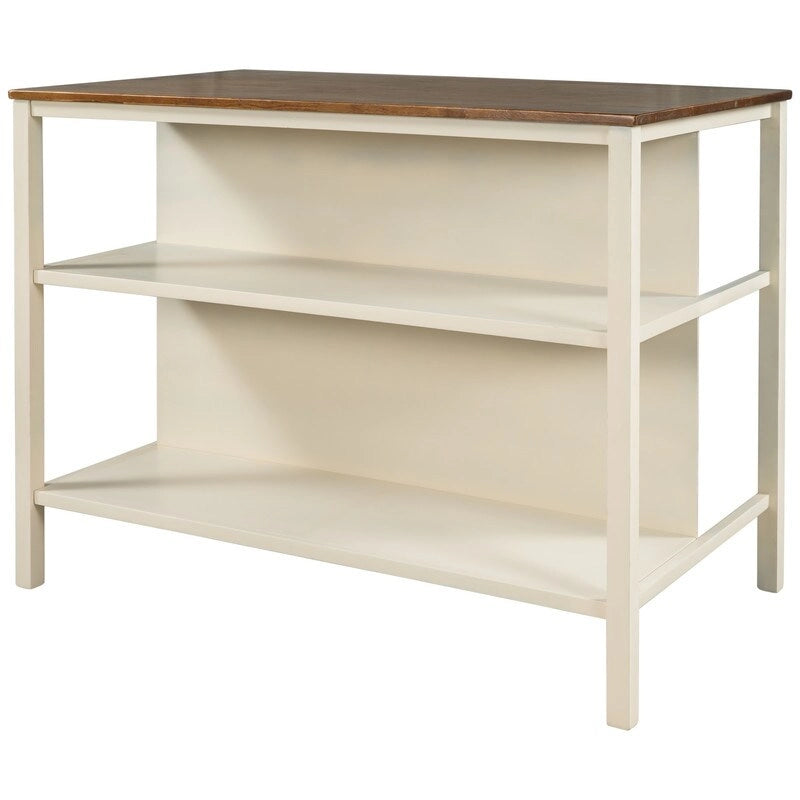 Îlot de cuisine rustique fixe en bois massif de 114 cm, table à manger et de préparation en bois d'hévéa avec deux étagères ouvertes.