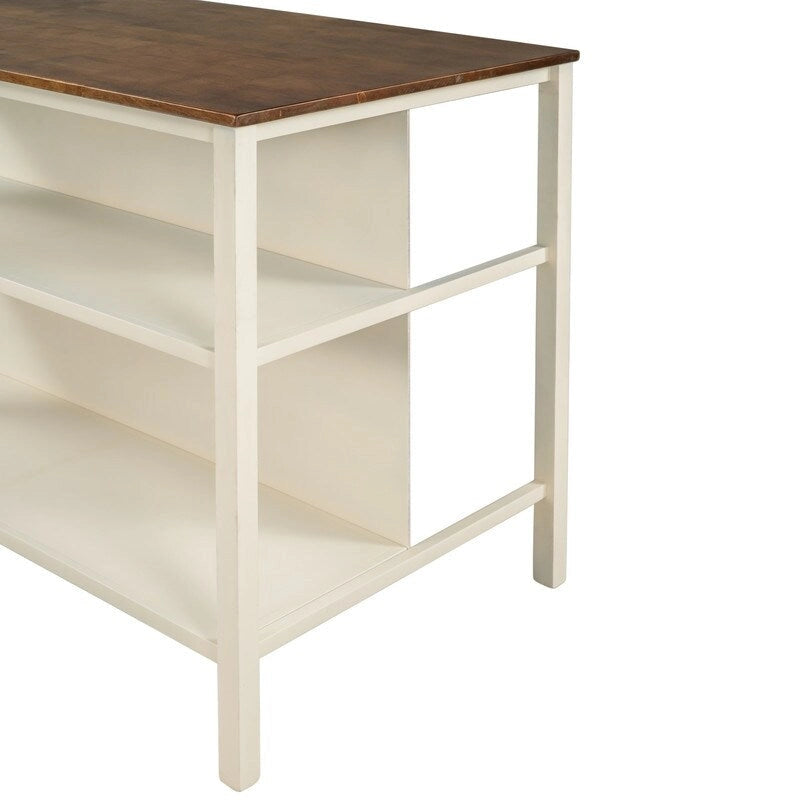 Îlot de cuisine rustique fixe en bois massif de 114 cm, table à manger et de préparation en bois d'hévéa avec deux étagères ouvertes.