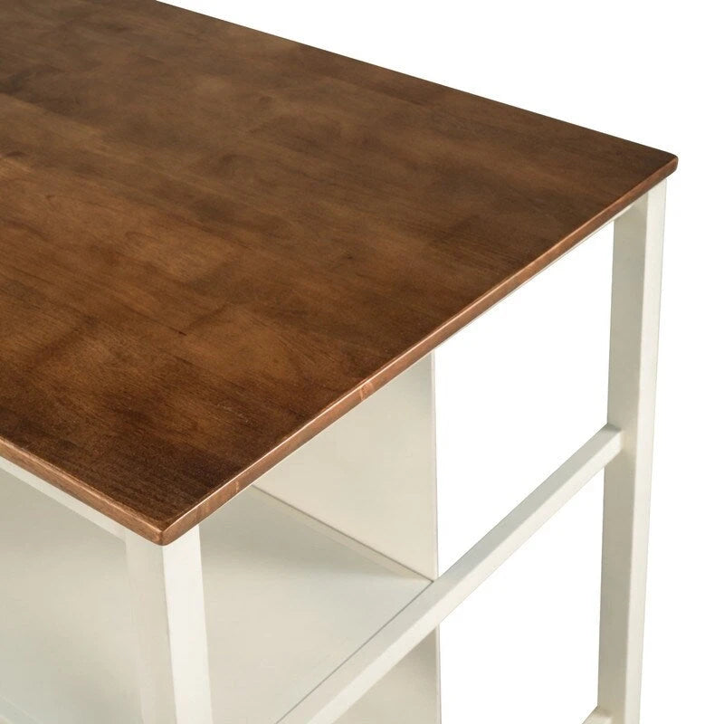 Îlot de cuisine rustique fixe en bois massif de 114 cm, table à manger et de préparation en bois d'hévéa avec deux étagères ouvertes.