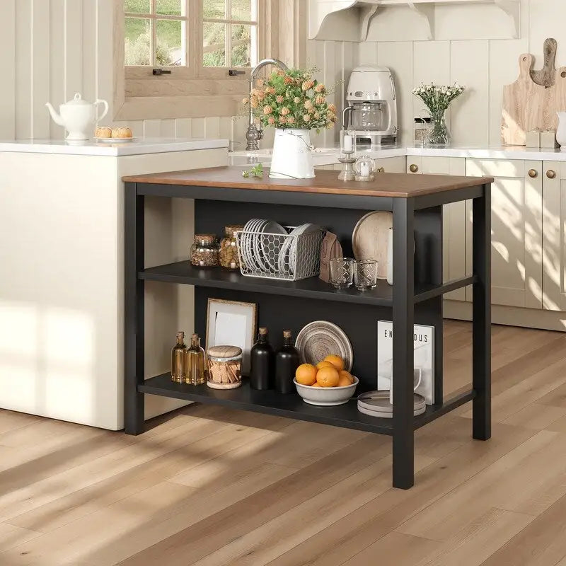 Îlot de cuisine rustique fixe en bois massif de 114 cm, table à manger et de préparation en bois d'hévéa avec deux étagères ouvertes.