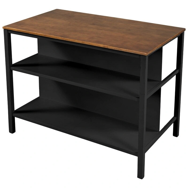 Îlot de cuisine rustique fixe en bois massif de 114 cm, table à manger et de préparation en bois d'hévéa avec deux étagères ouvertes.