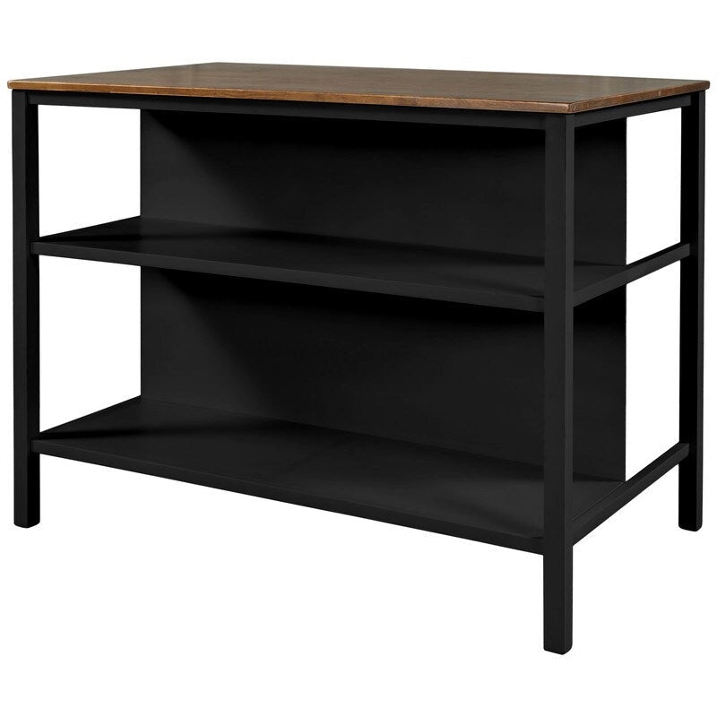 Îlot de cuisine rustique fixe en bois massif de 114 cm, table à manger et de préparation en bois d'hévéa avec deux étagères ouvertes.
