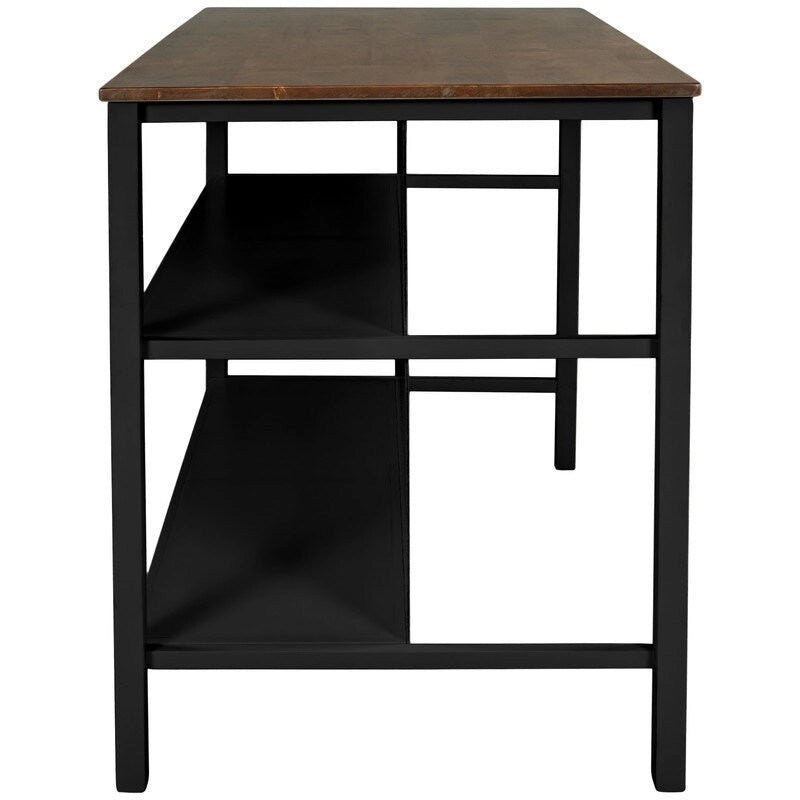 Îlot de cuisine rustique fixe en bois massif de 114 cm, table à manger et de préparation en bois d'hévéa avec deux étagères ouvertes.