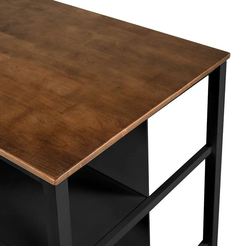 Îlot de cuisine rustique fixe en bois massif de 114 cm, table à manger et de préparation en bois d'hévéa avec deux étagères ouvertes.