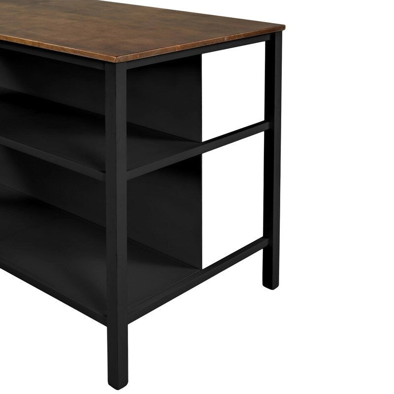 Îlot de cuisine rustique fixe en bois massif de 114 cm, table à manger et de préparation en bois d'hévéa avec deux étagères ouvertes.
