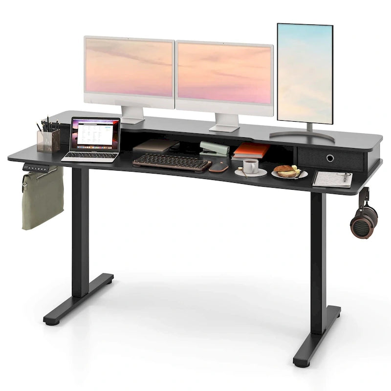 Bureau debout électrique à hauteur réglable avec étagère de rangement