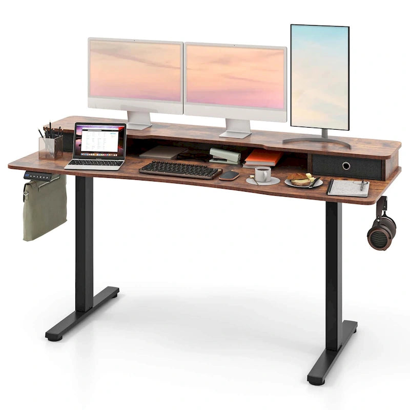 Bureau debout électrique à hauteur réglable avec étagère de rangement