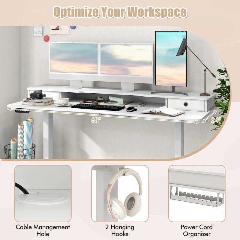 Bureau debout électrique à hauteur réglable avec étagère de rangement