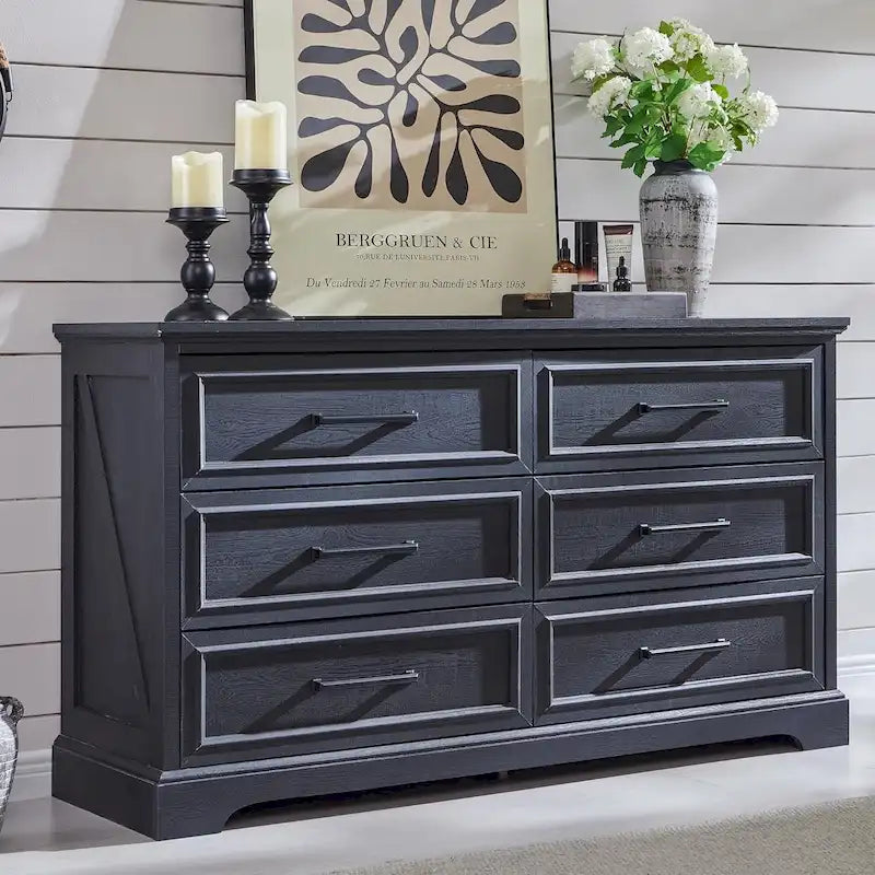 Commode de chambre à 6 tiroirs style ferme, meuble de rangement, meuble TV
