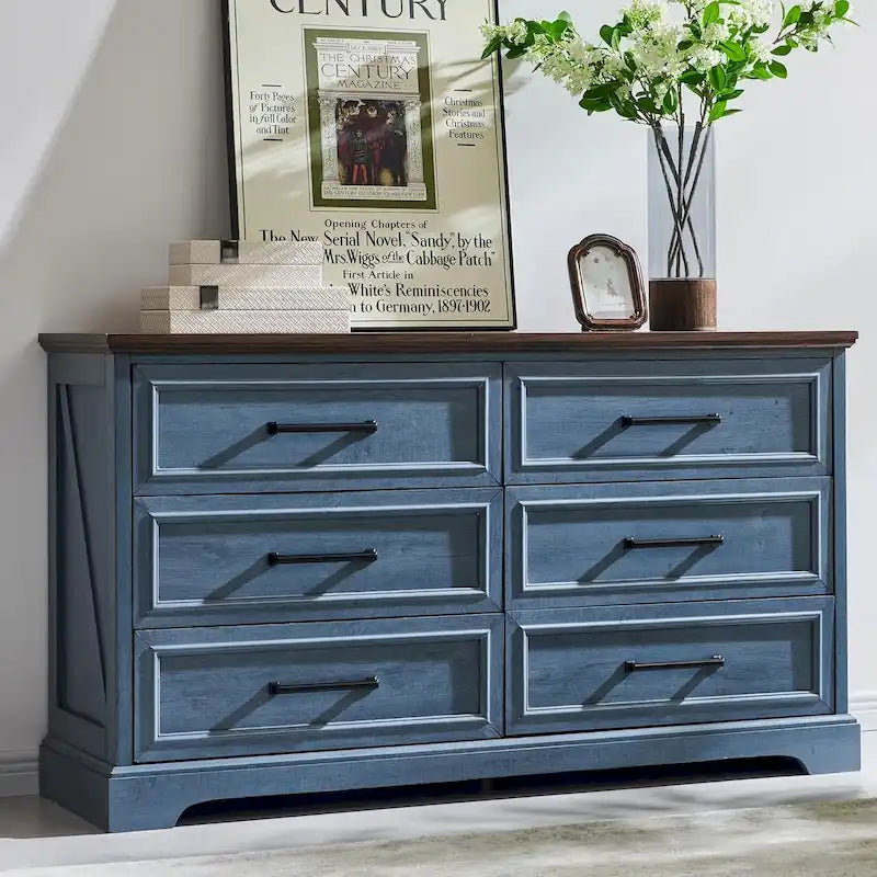Commode de chambre à 6 tiroirs style ferme, meuble de rangement, meuble TV