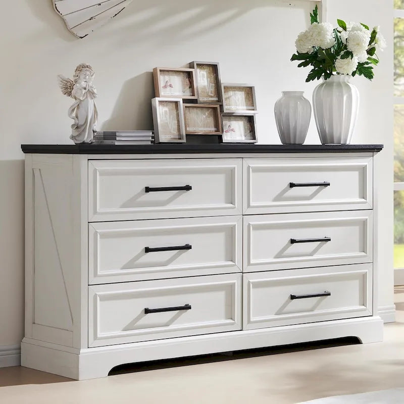 Commode de chambre à 6 tiroirs style ferme, meuble de rangement, meuble TV
